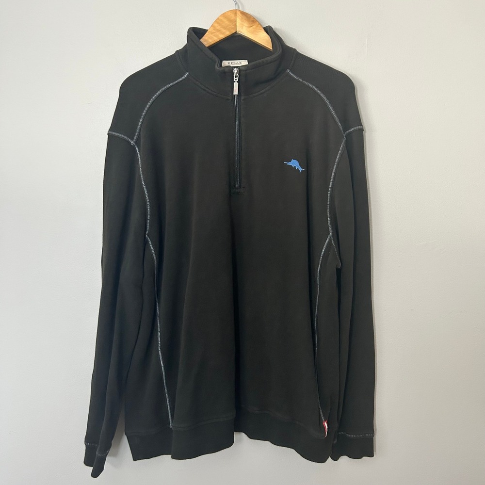 Tommy Bahama Relax Pullover Men XL Black Cotton 1/4 Zip Contrast Stitch Coastal